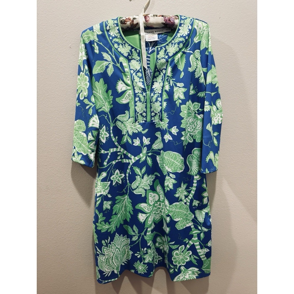 Gretchen Scott Blue Green Floral Jersey Split Neck Dress Small Pockets Tropical